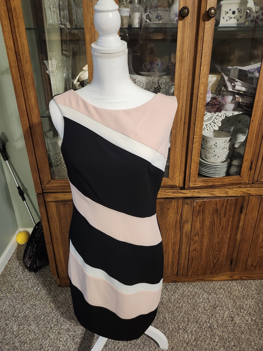 Sleeveless Black and Blush Striped Sheath Dress